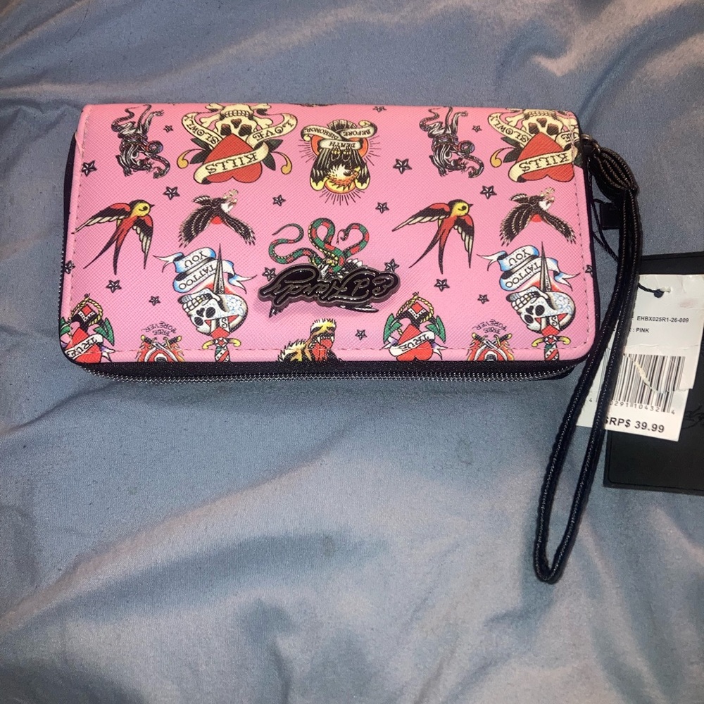 Ed Hardy Pink Tattoo-Print Zip Wristlet